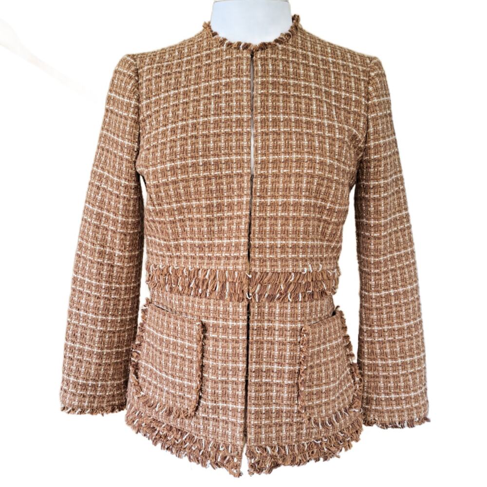 Brooks Brothers Tweed Fringe Jacket Collarless Boucle Blazer Brown Beige Sz 4